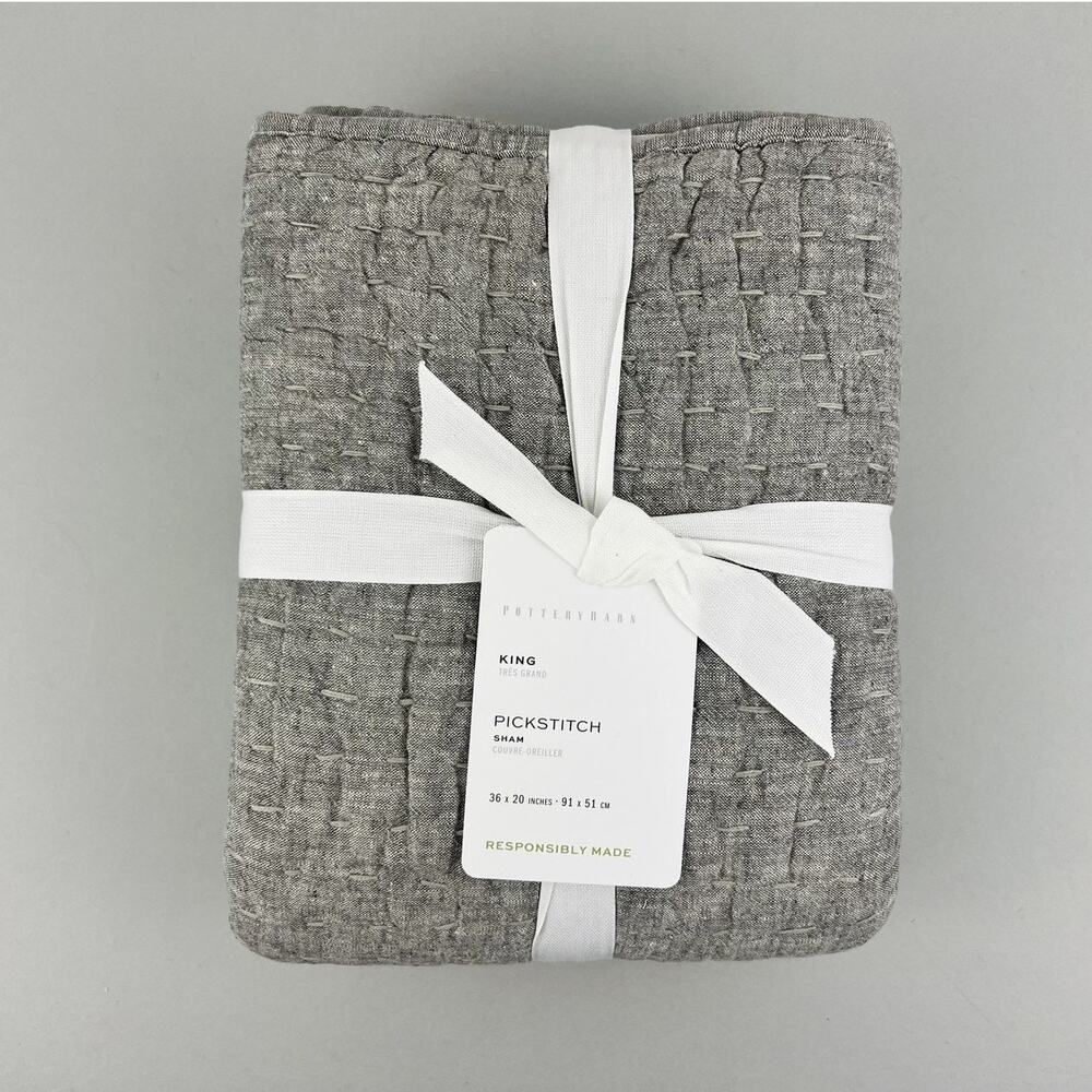 Pottery Barn Pickstitch Sham King Light Gray Linen Cotton Pillow Cover NWT